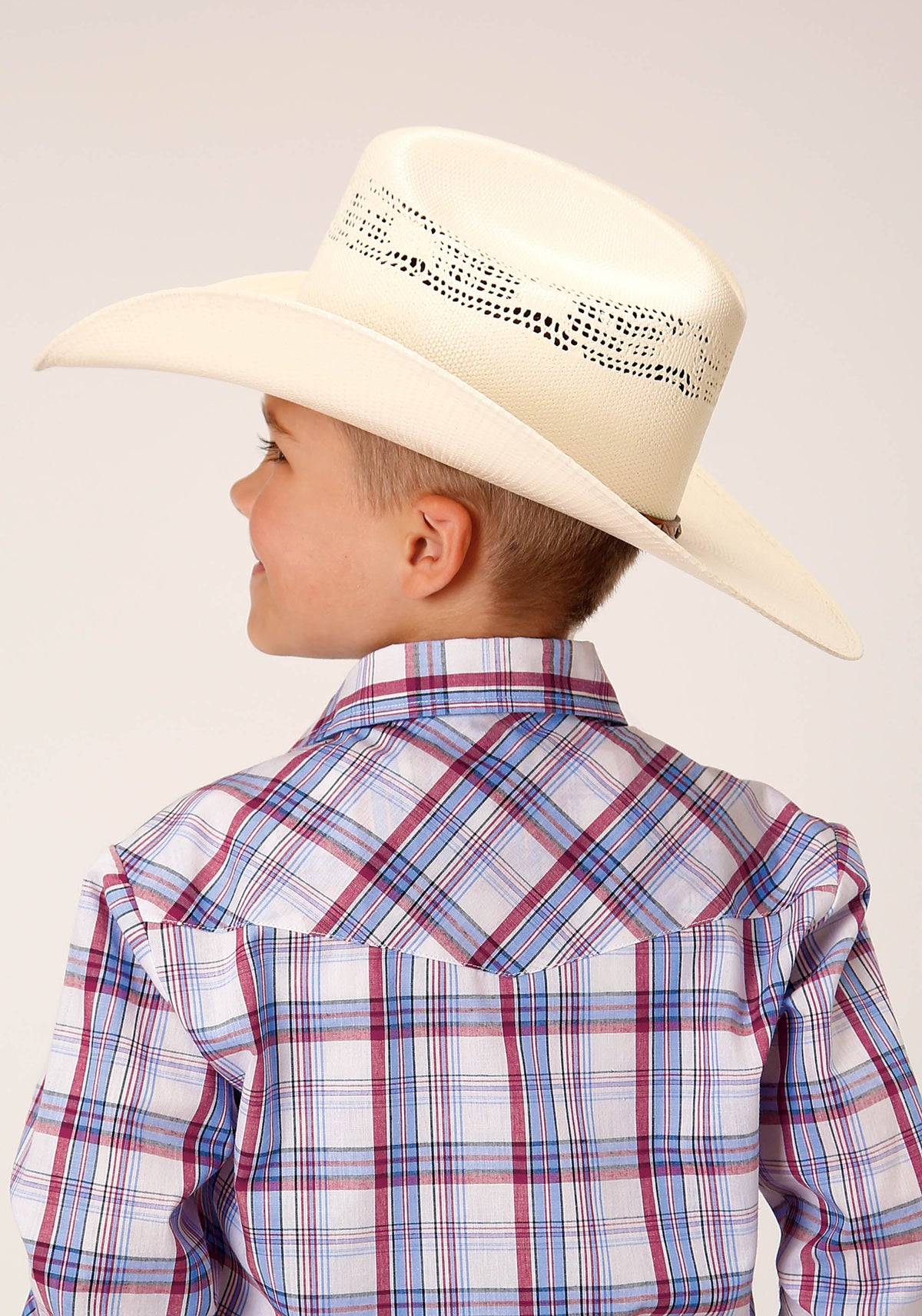 Roper Boys Long Sleeve Snap White Berry Light Blue Plaid Western Shirt