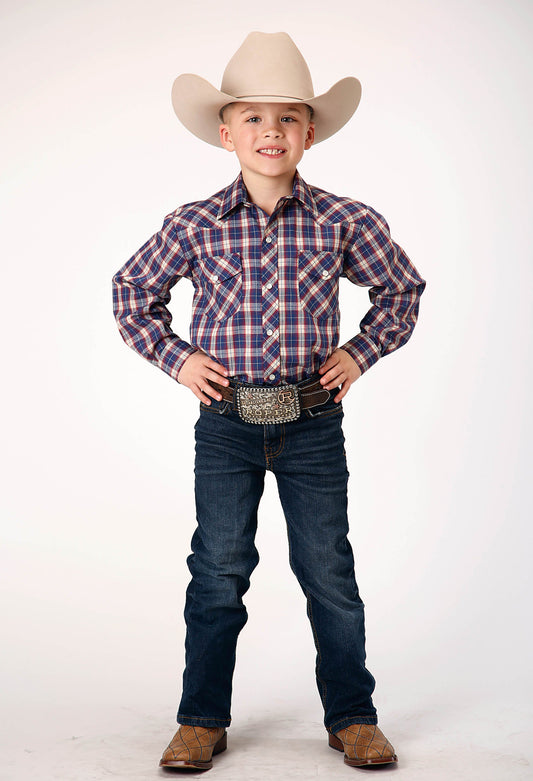 Roper Boys Long Sleeve Snap Navy Red Cream Windowpane Plaid Western Shirt