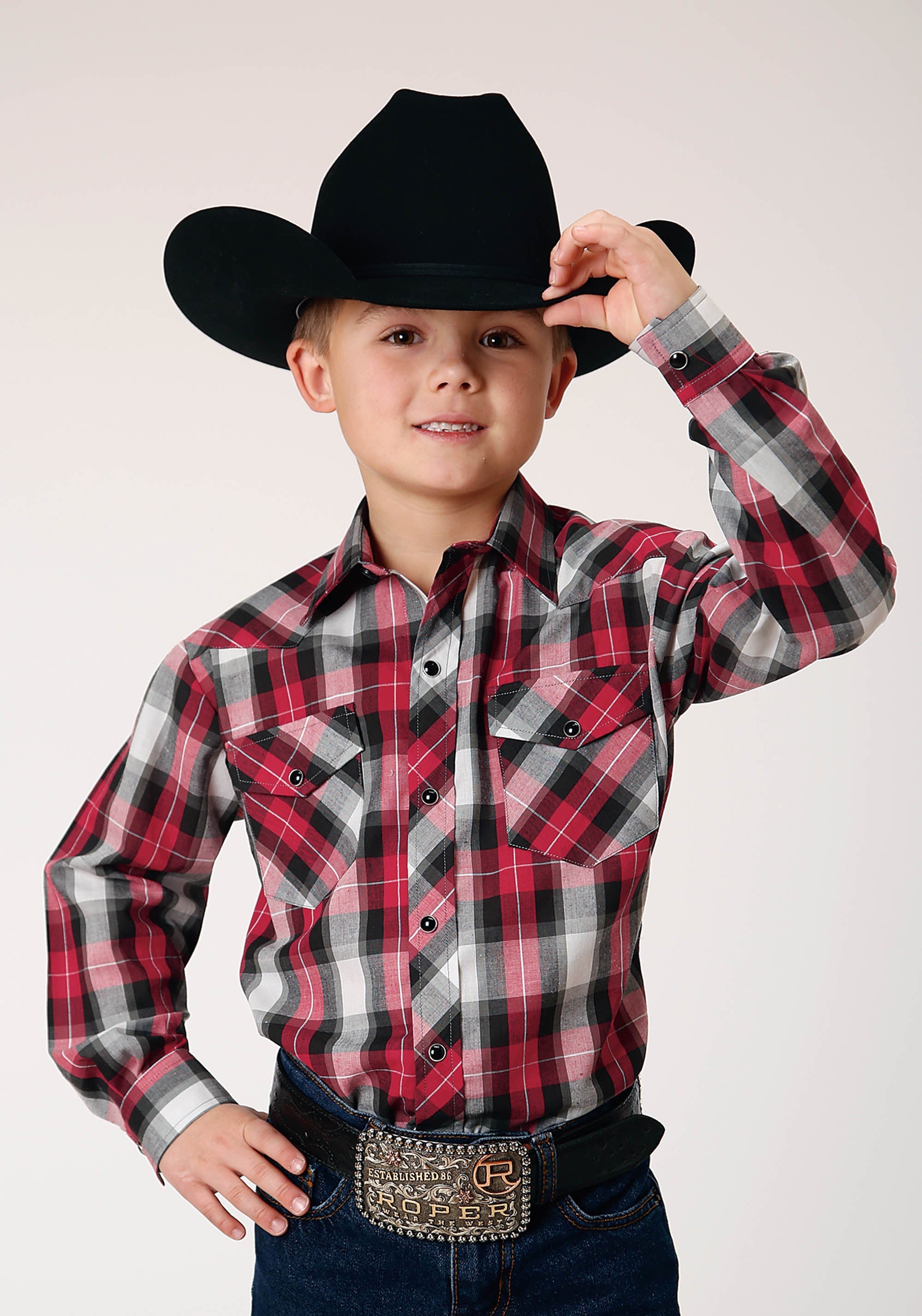 Roper Boys Long Sleeve Snap Red Black Grey Plaid Western Shirt