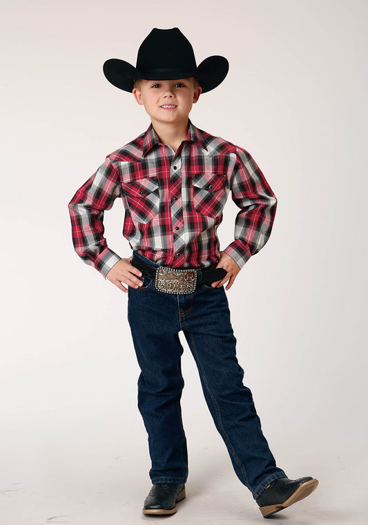 Roper Boys Long Sleeve Snap Red Black Grey Plaid Western Shirt