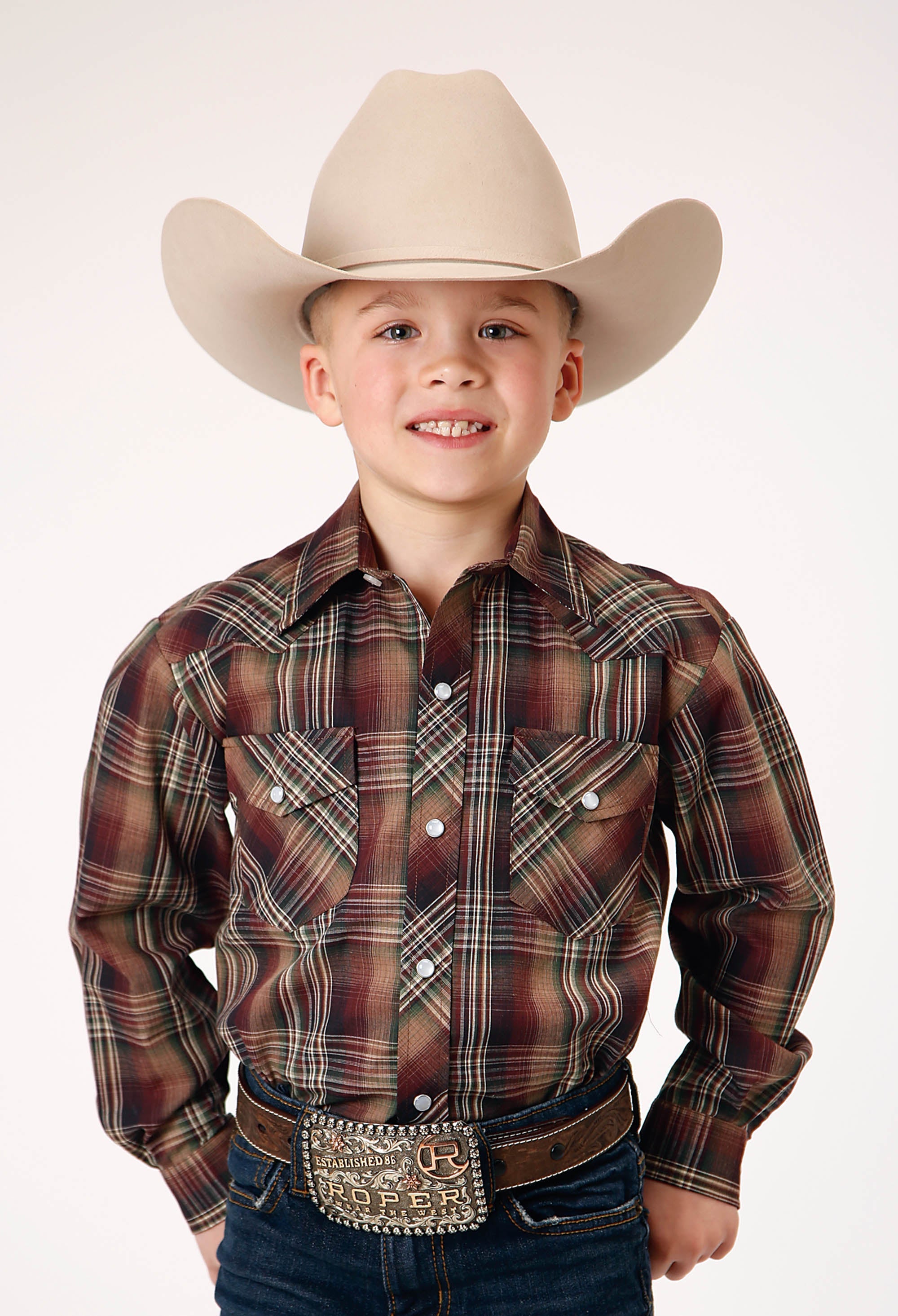 Roper Boys Long Sleeve Snap Multi Brown Black Green Plaid Western Shirt