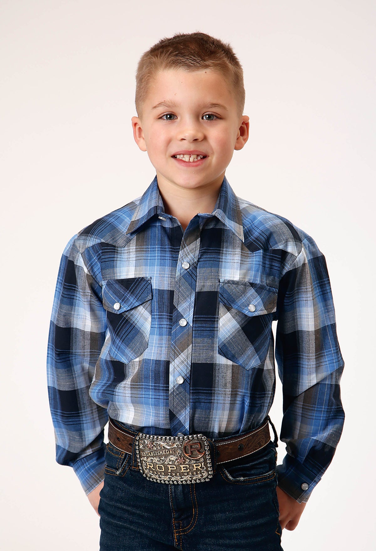 Roper Boys Long Sleeve Snap Blue Black White Plaid Western Shirt