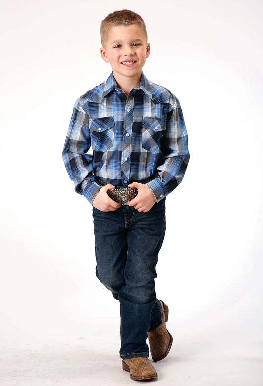 Roper Boys Long Sleeve Snap Blue Black White Plaid Western Shirt