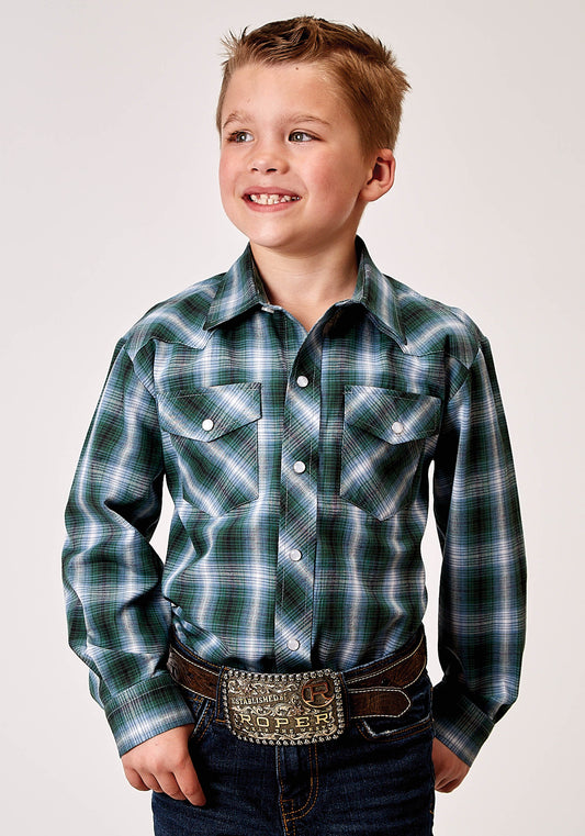 Roper Boys Long Sleeve Snap Ocean Plaid Western Shirt