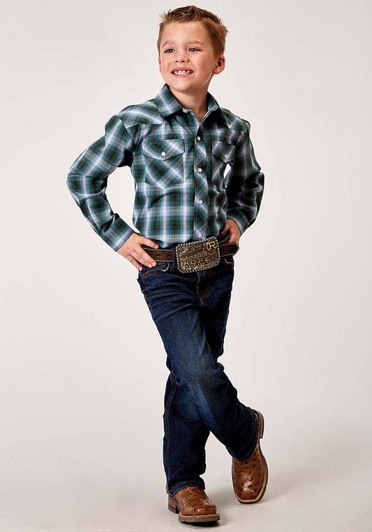 Roper Boys Long Sleeve Snap Ocean Plaid Western Shirt - Roper