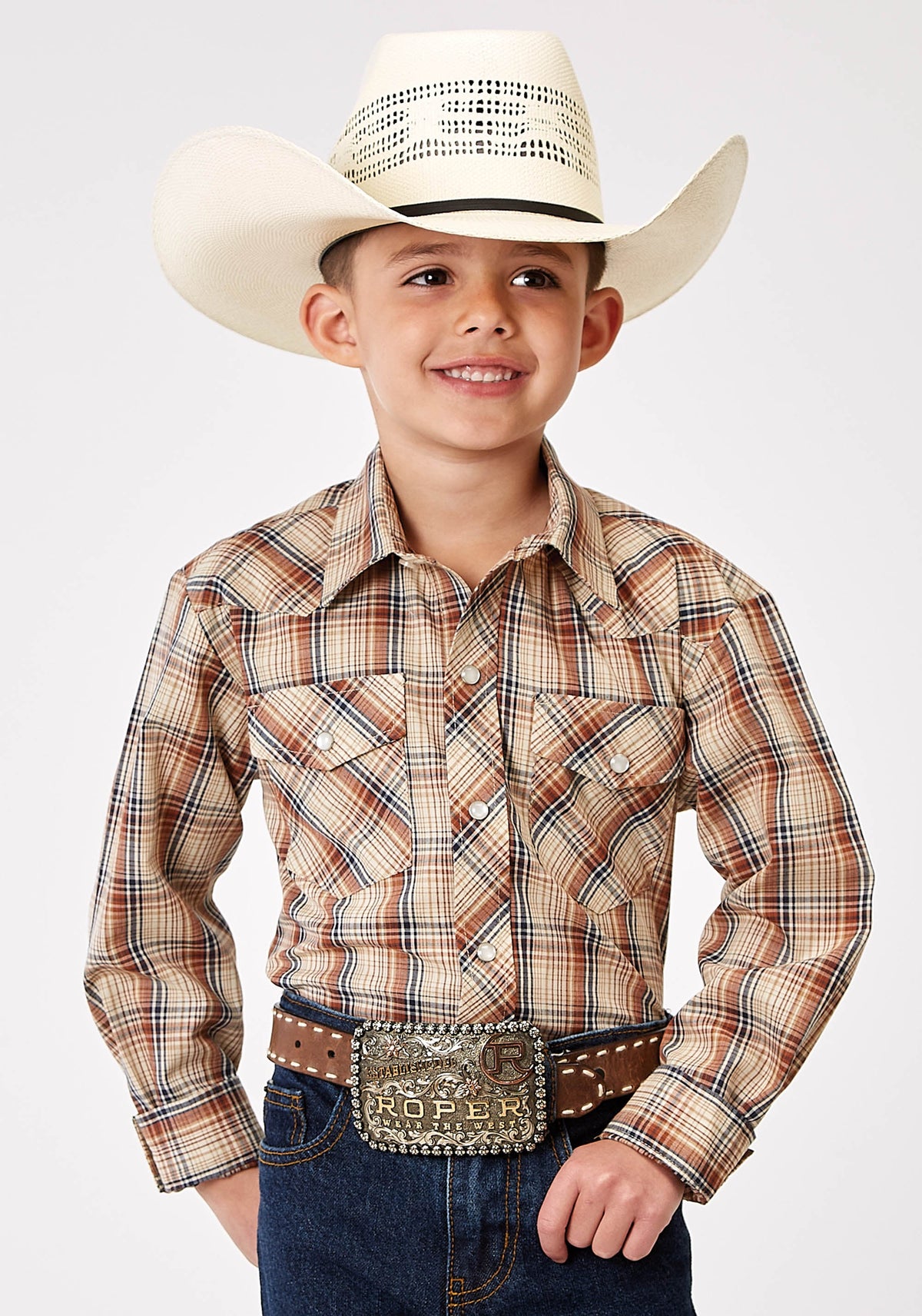 Roper Boys Long Sleeve Snap Brown Plaid Western Shirt