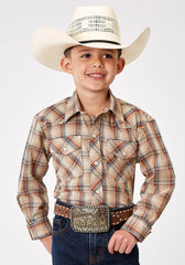 Roper Boys Long Sleeve Snap Brown Plaid Western Shirt - Roper