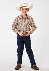 Roper Boys Long Sleeve Snap Brown Plaid Western Shirt - Roper