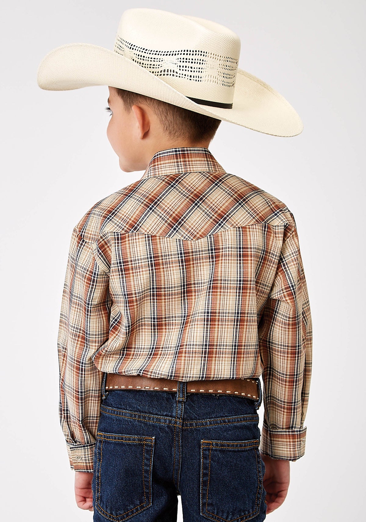 Roper Boys Long Sleeve Snap Brown Plaid Western Shirt