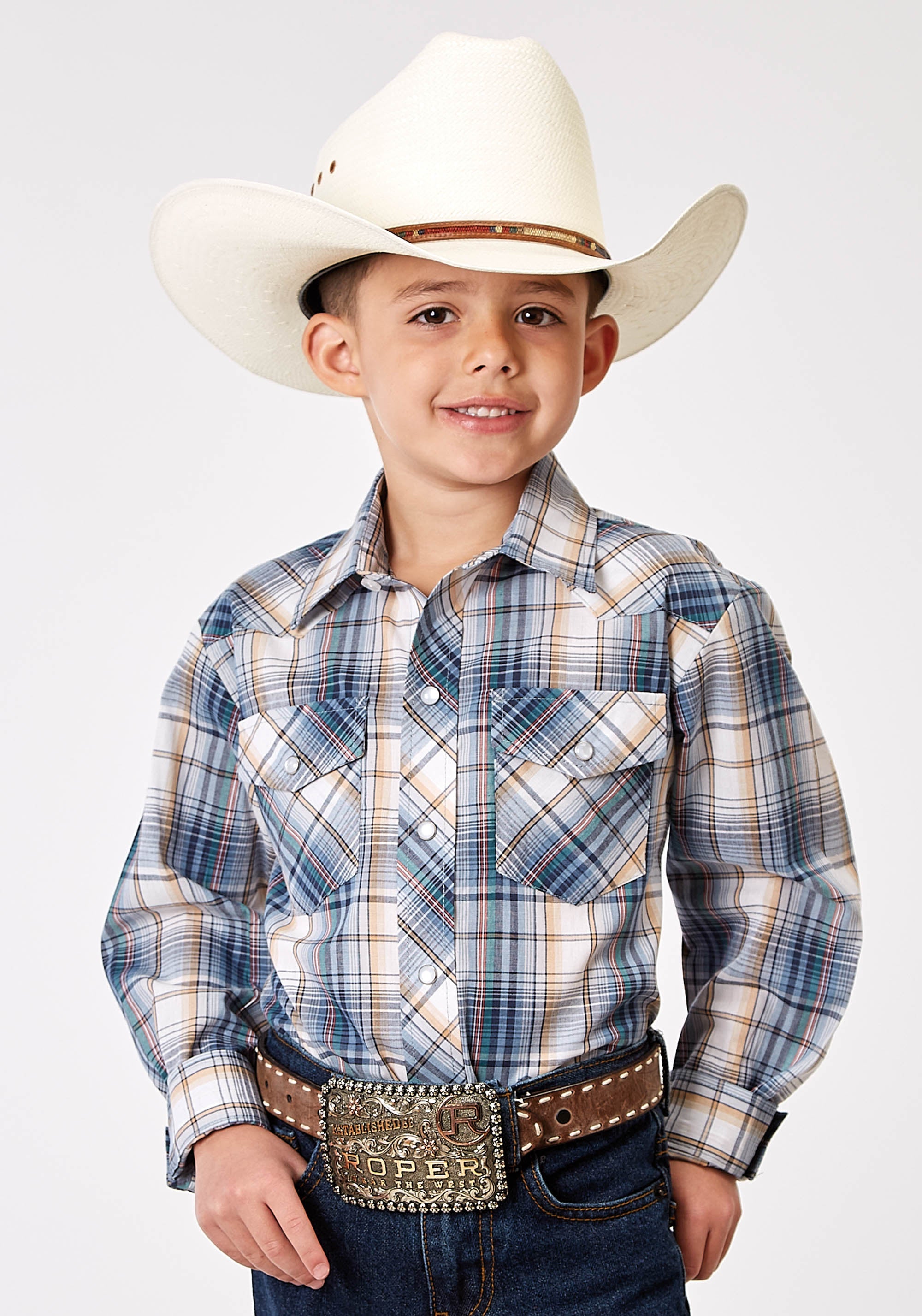 Roper Boys Long Sleeve Snap Madras Plaid Western Shirt