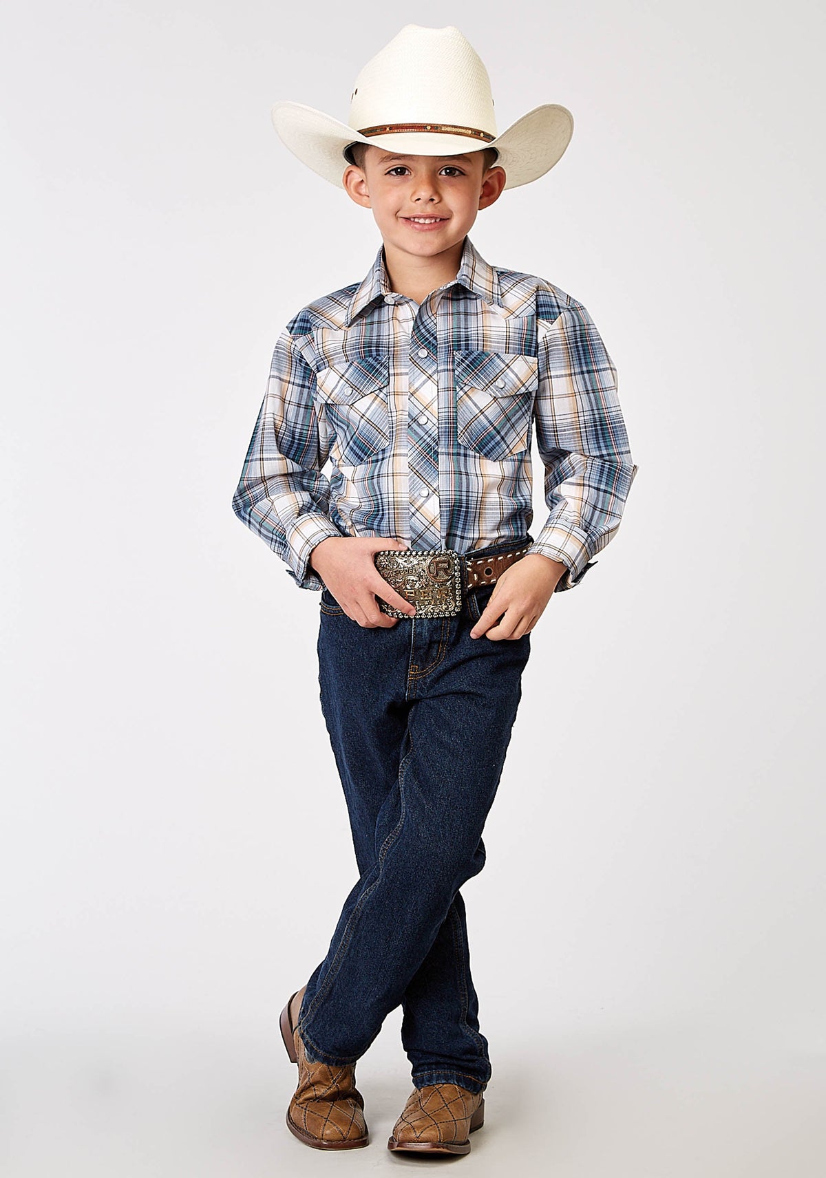 Roper Boys Long Sleeve Snap Madras Plaid Western Shirt