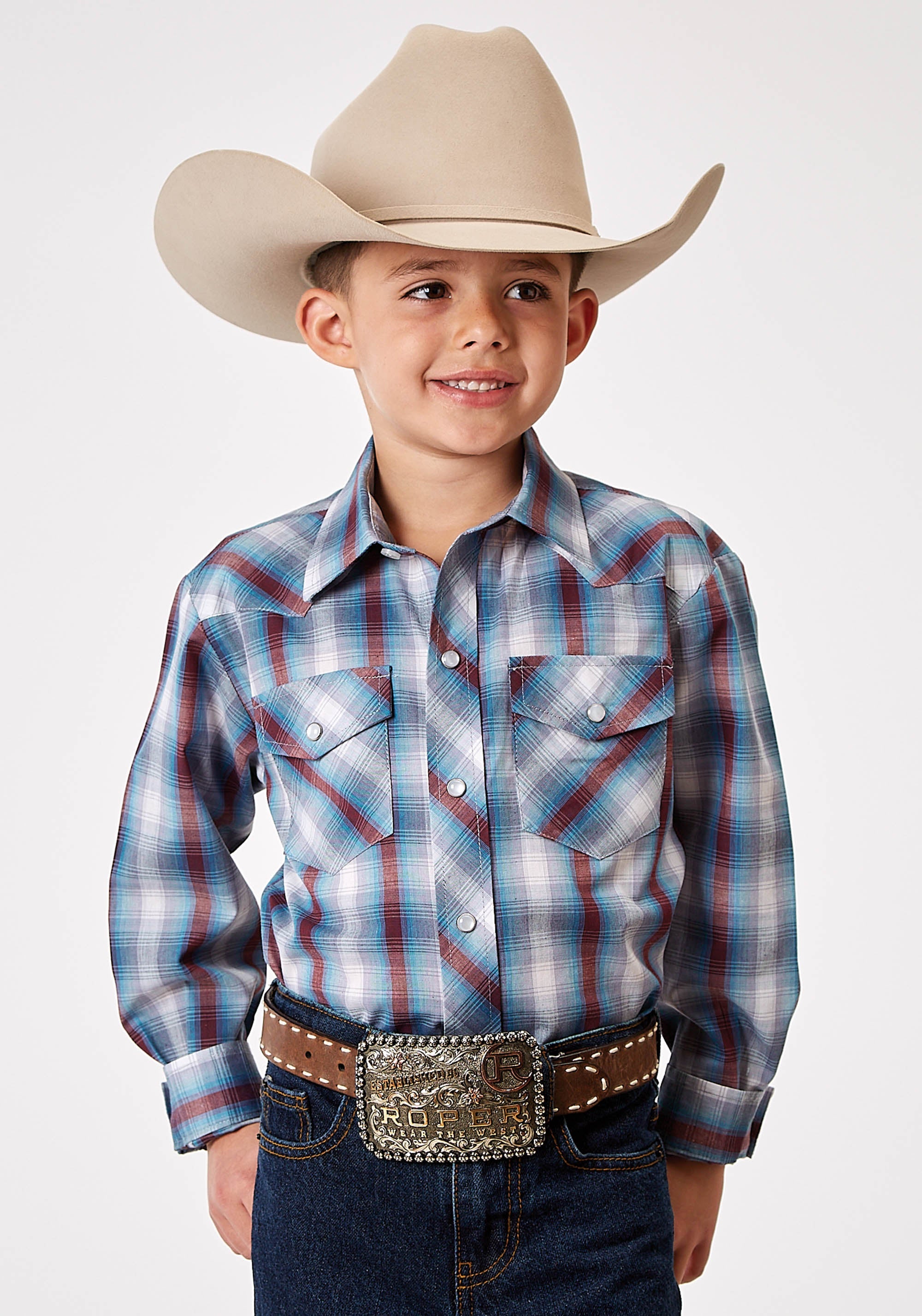 Roper Boys Long Sleeve Snap Americana Plaid Western Shirt