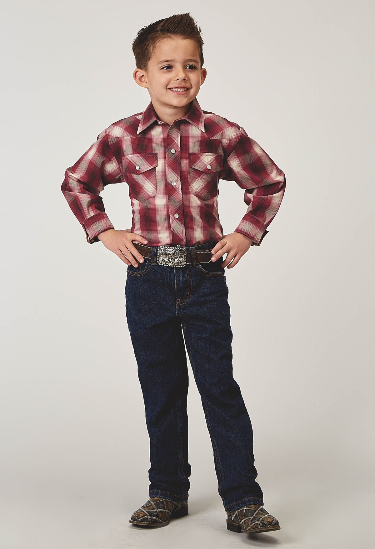 Roper Boys Long Sleeve Snap Red Plaid Western Shirt