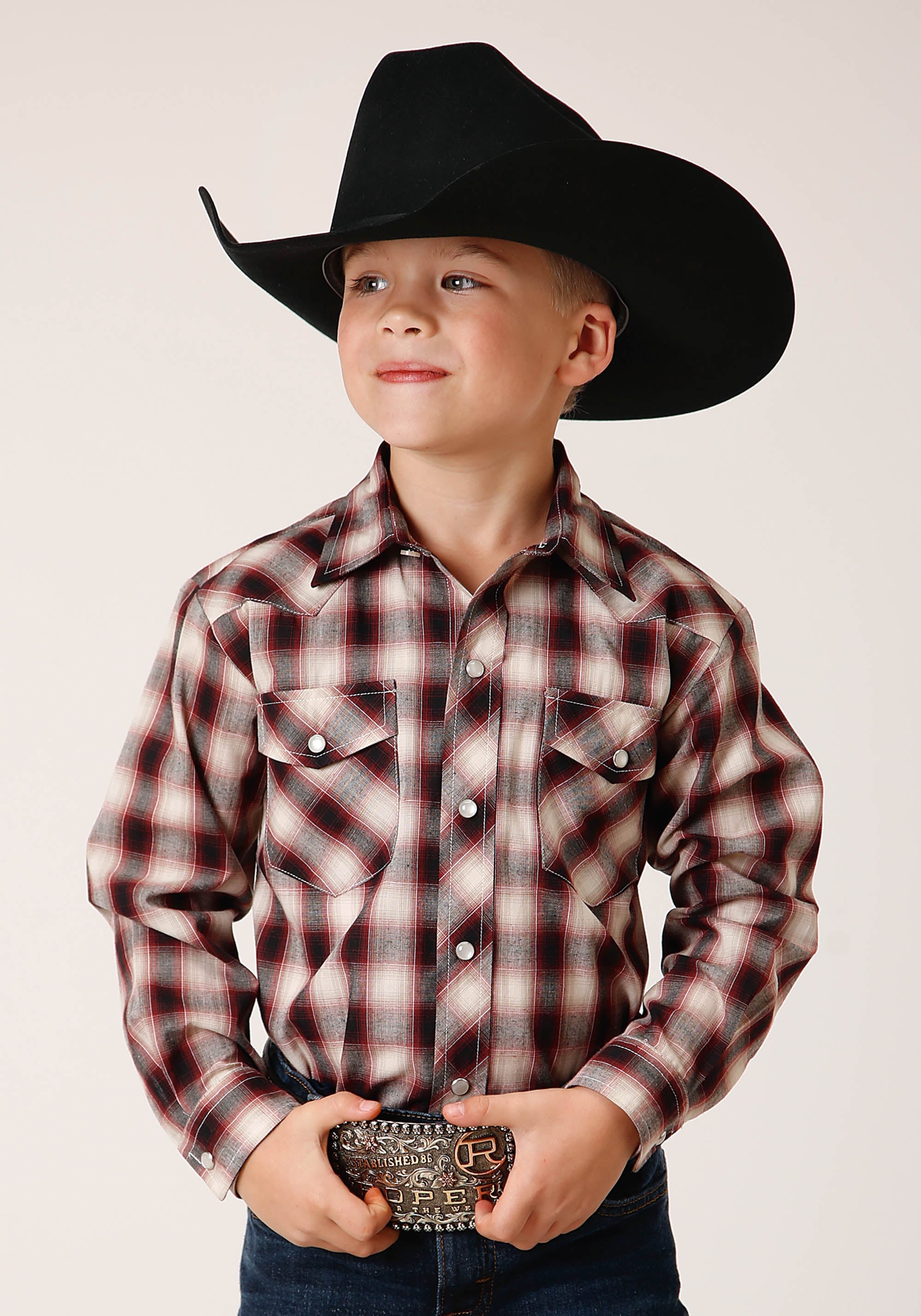 Roper Boys Long Sleeve Snap Wine Black Cream Plaid Western Shirt