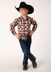 Roper Boys Long Sleeve Snap Wine Black Cream Plaid Western Shirt