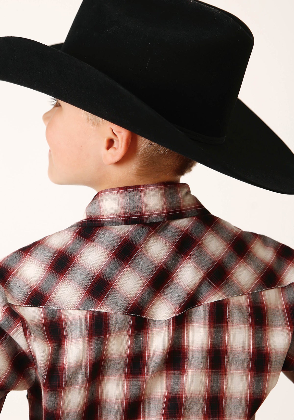 Roper Boys Long Sleeve Snap Wine Black Cream Plaid Western Shirt