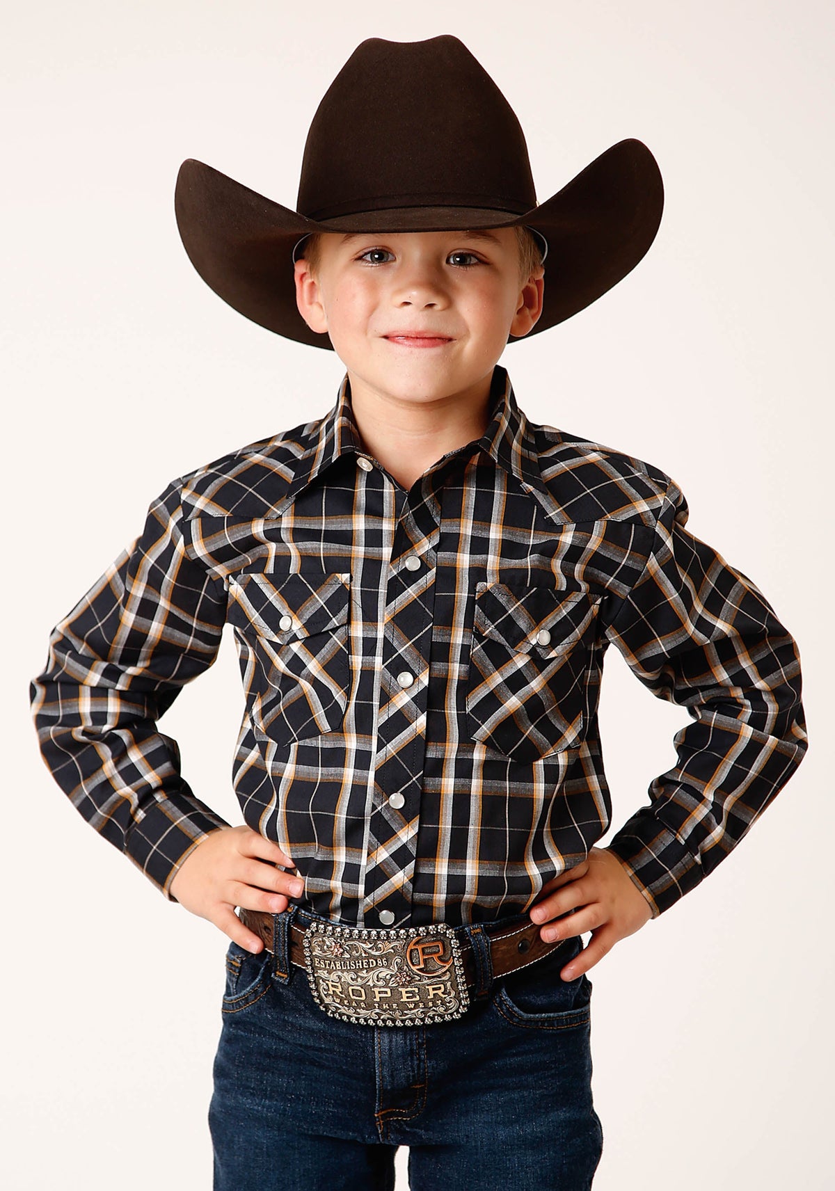 Roper Boys Long Sleeve Snap Navy Cream Gold Plaid Western Shirt