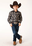 Roper Boys Long Sleeve Snap Navy Cream Gold Plaid Western Shirt