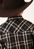 Roper Boys Long Sleeve Snap Navy Cream Gold Plaid Western Shirt