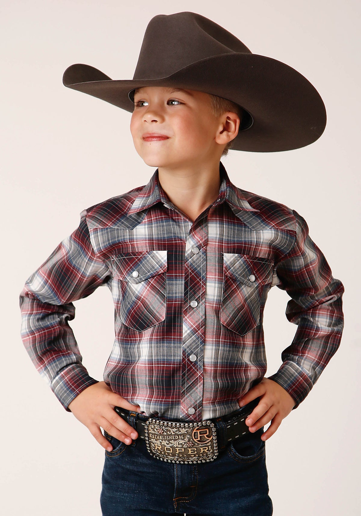 Roper Boys Long Sleeve Snap Red Black White Plaid Western Shirt