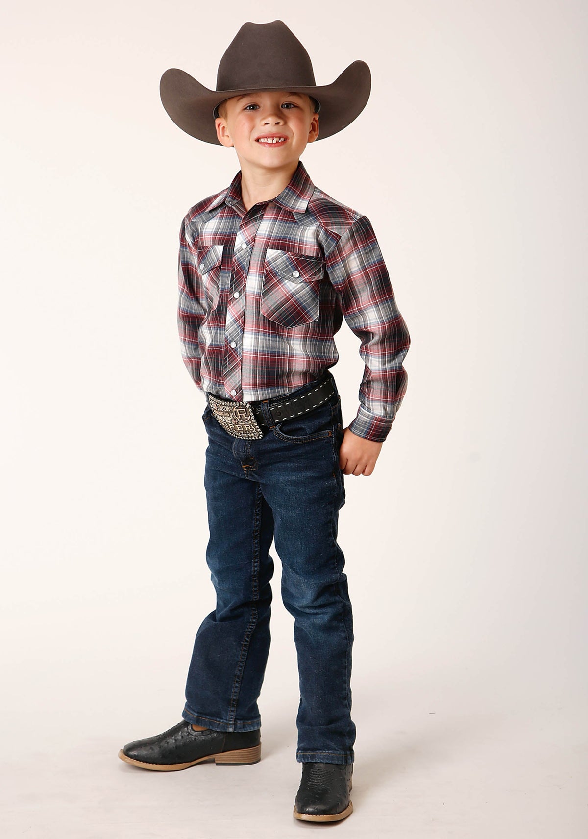 Roper Boys Long Sleeve Snap Red Black White Plaid Western Shirt