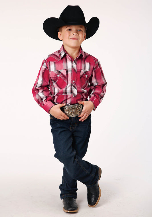 Roper Boys Long Sleeve Snap Red Black And White Plaid Western Shirt