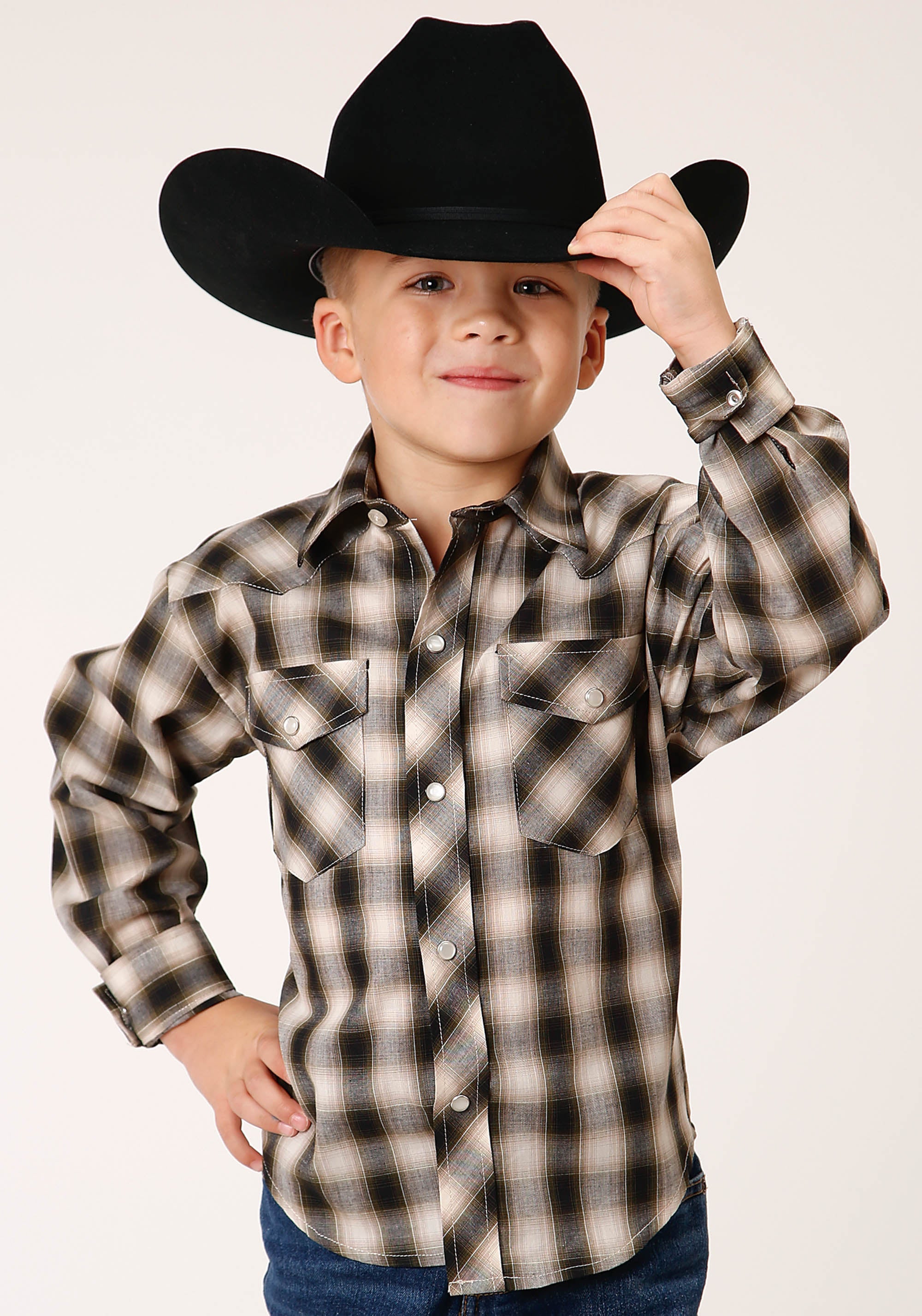 Roper Boys Long Sleeve Snap Black Cream And Olive Plaid Western Shirt