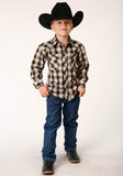 Roper Boys Long Sleeve Snap Black Cream And Olive Plaid Western Shirt