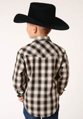 Roper Boys Long Sleeve Snap Black Cream And Olive Plaid Western Shirt