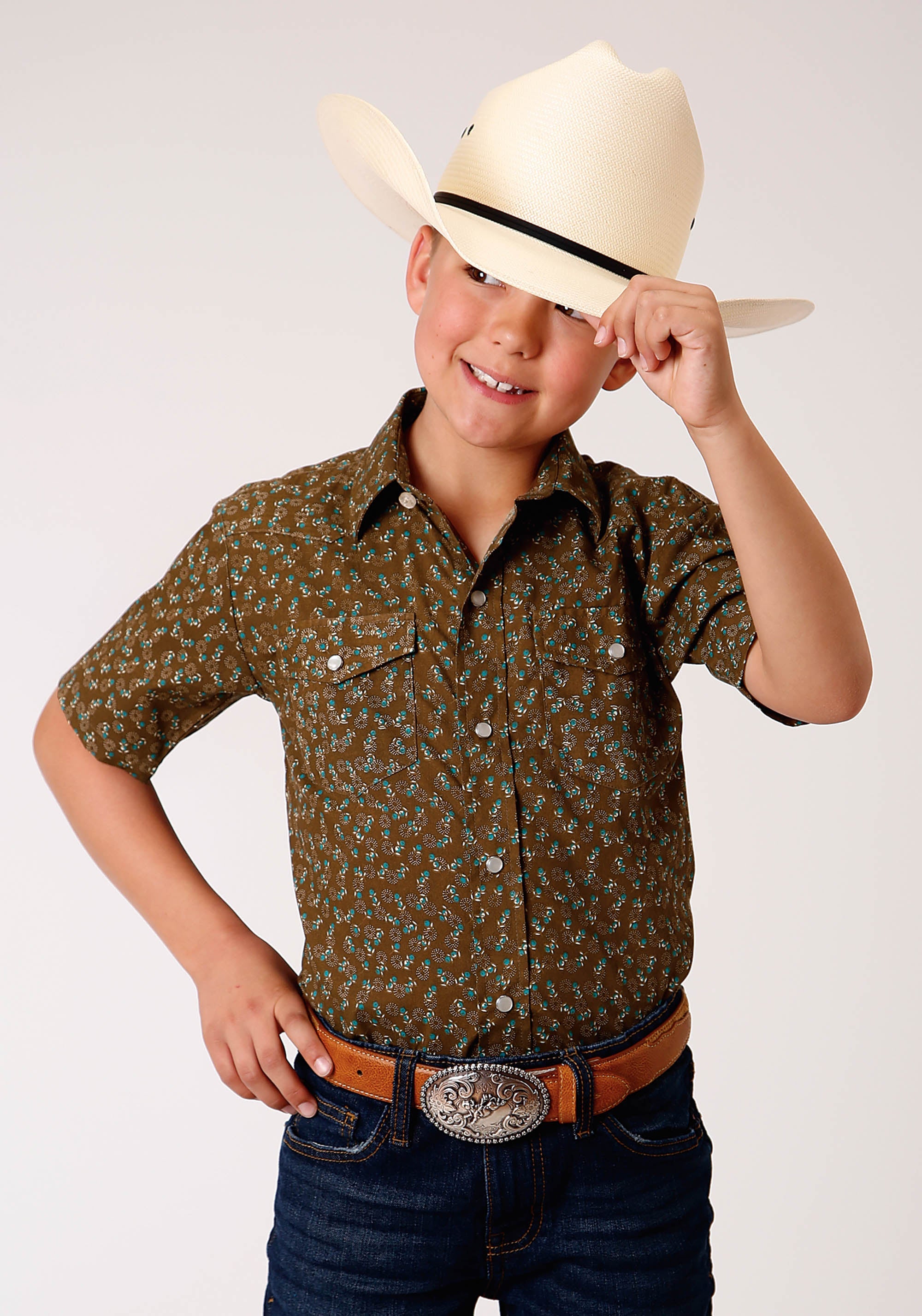 Roper Boys Short Sleeve Snap Brown Turquoise And Cream Mini Floral Print Western Shirt