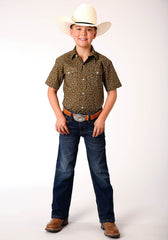 Roper Boys Short Sleeve Snap Brown Turquoise And Cream Mini Floral Print Western Shirt