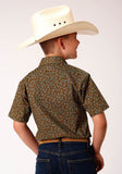 Roper Boys Short Sleeve Snap Brown Turquoise And Cream Mini Floral Print Western Shirt