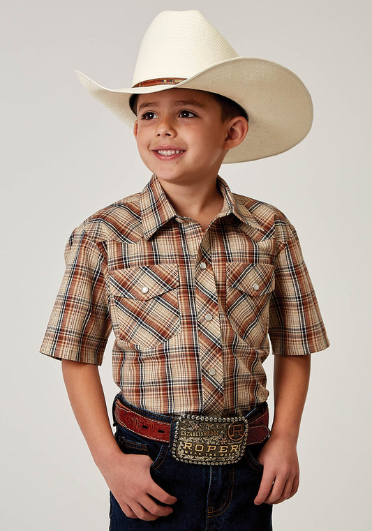 Roper Boys Short Sleeve Snap Brown Plaid Western Shirt