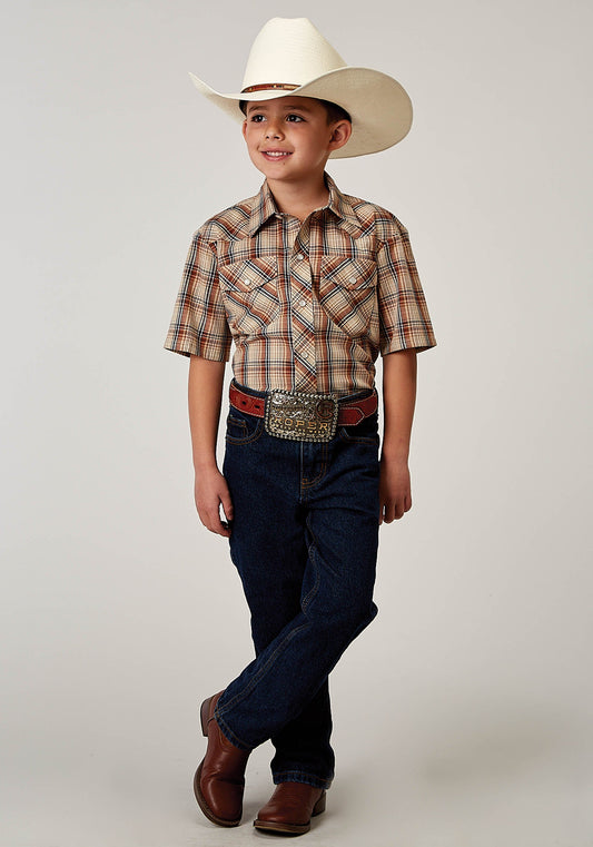 Roper Boys Short Sleeve Snap Brown Plaid Western Shirt