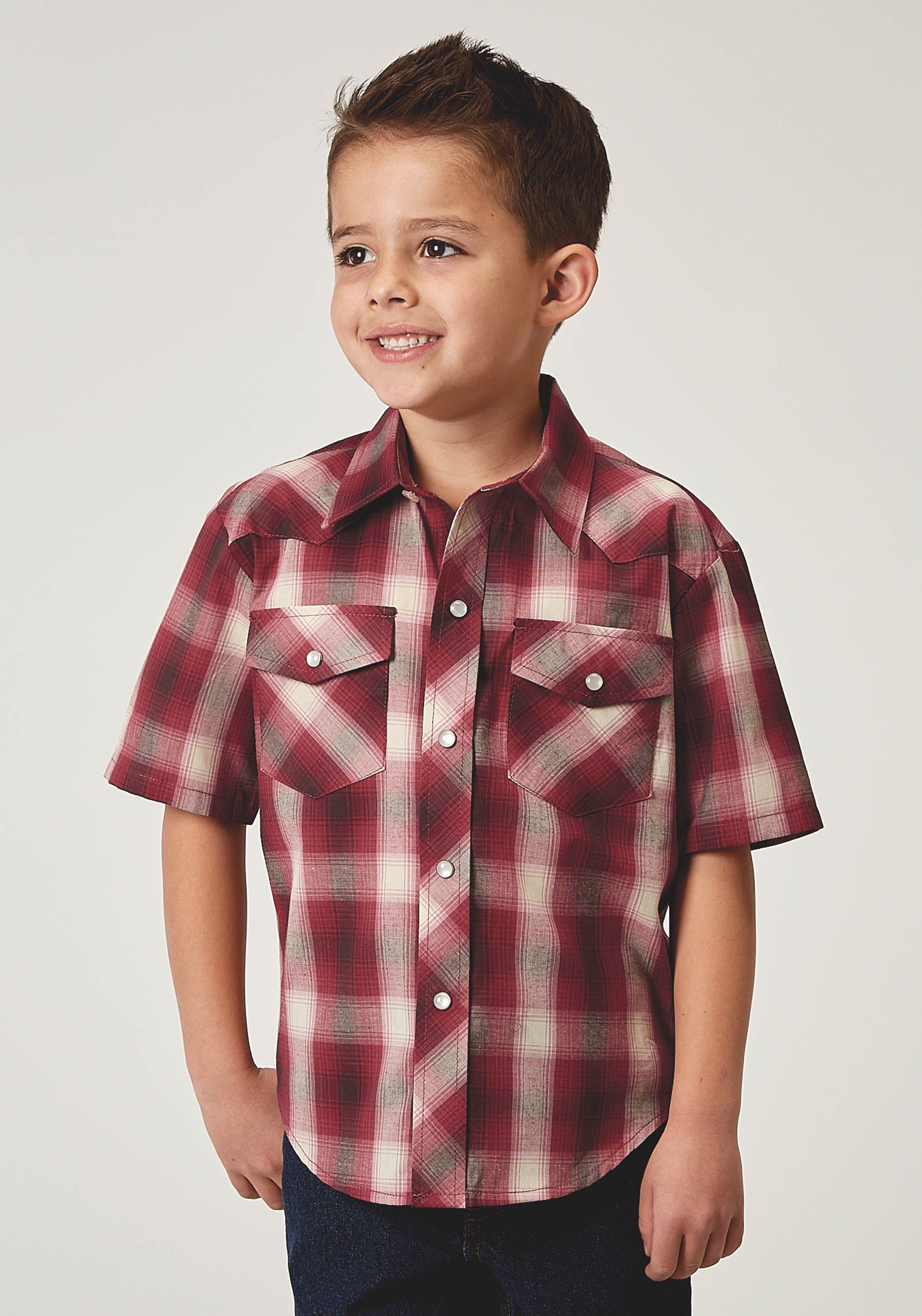 Roper Boys Short Sleeve Snap Red Plaid Western Shirt