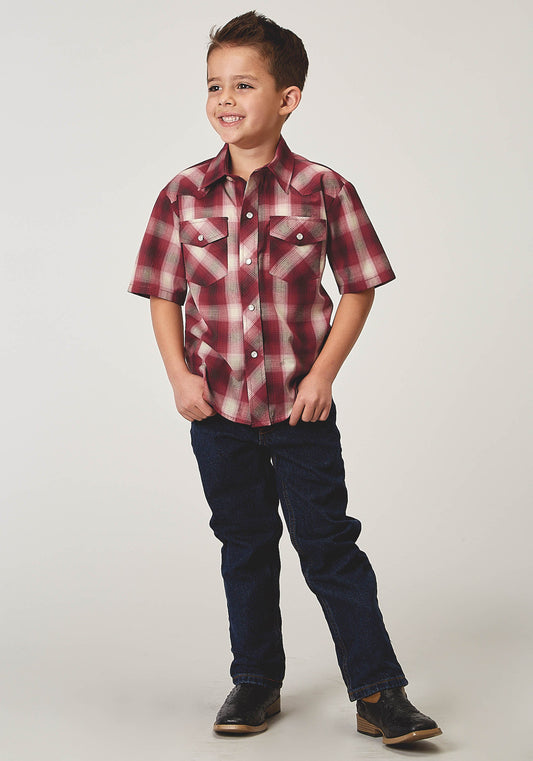 Roper Boys Short Sleeve Snap Red Plaid Western Shirt