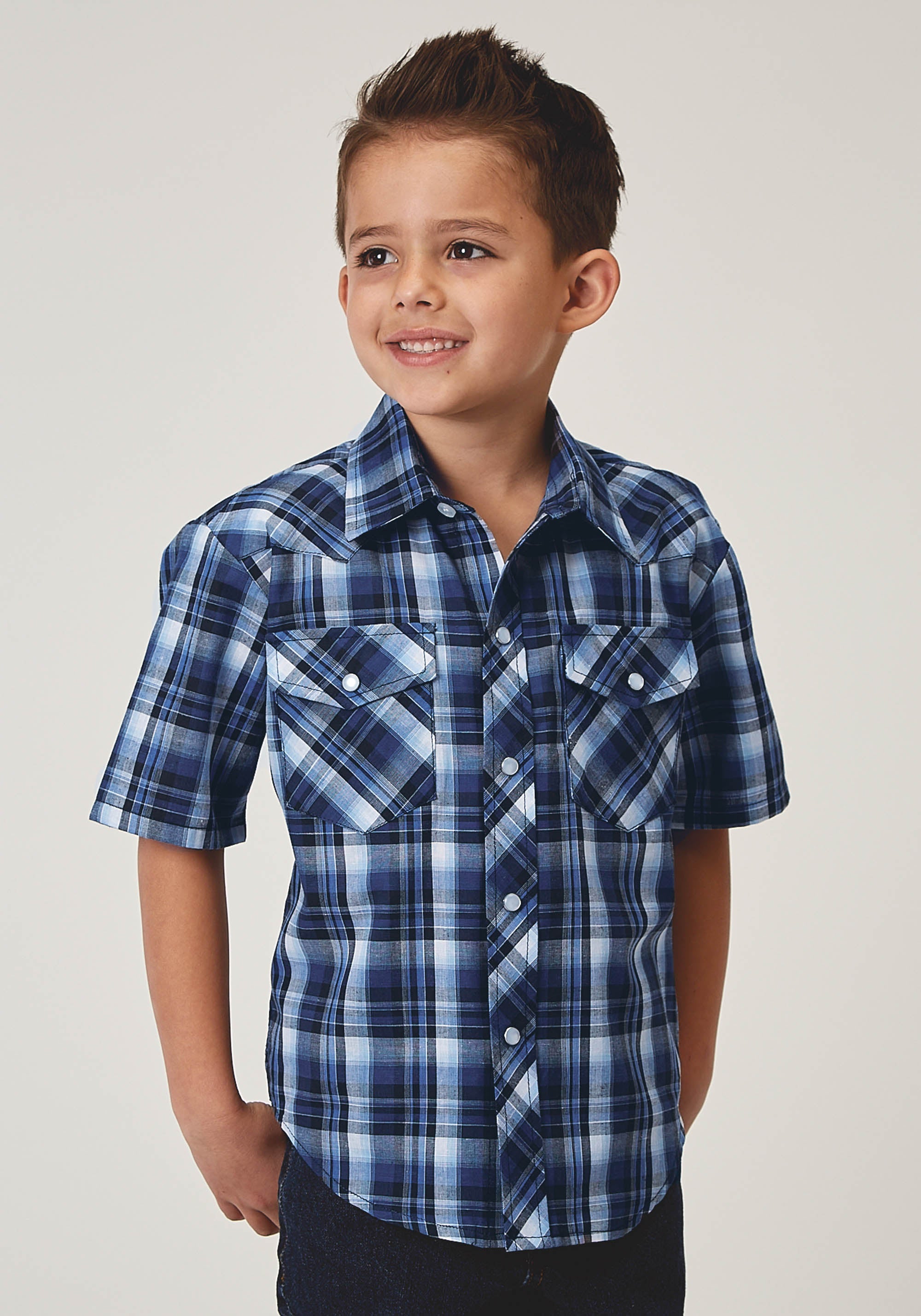 Roper Boys Short Sleeve Snap Midnight Plaid Western Shirt