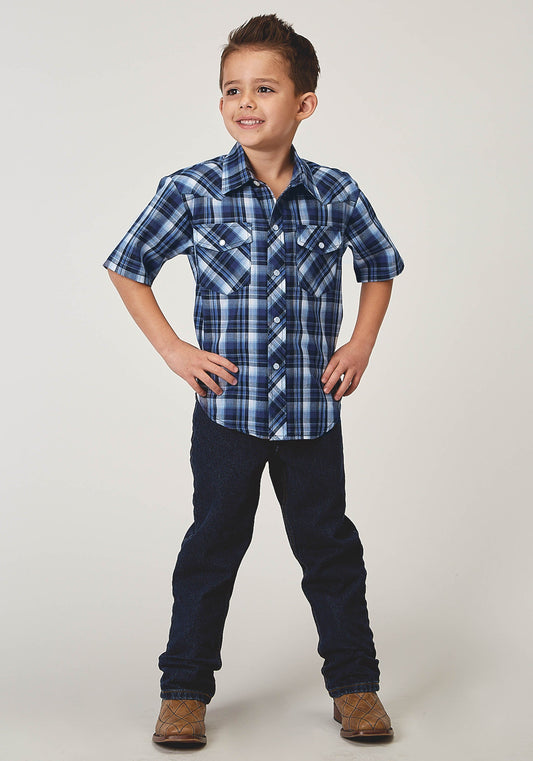 Roper Boys Short Sleeve Snap Midnight Plaid Western Shirt