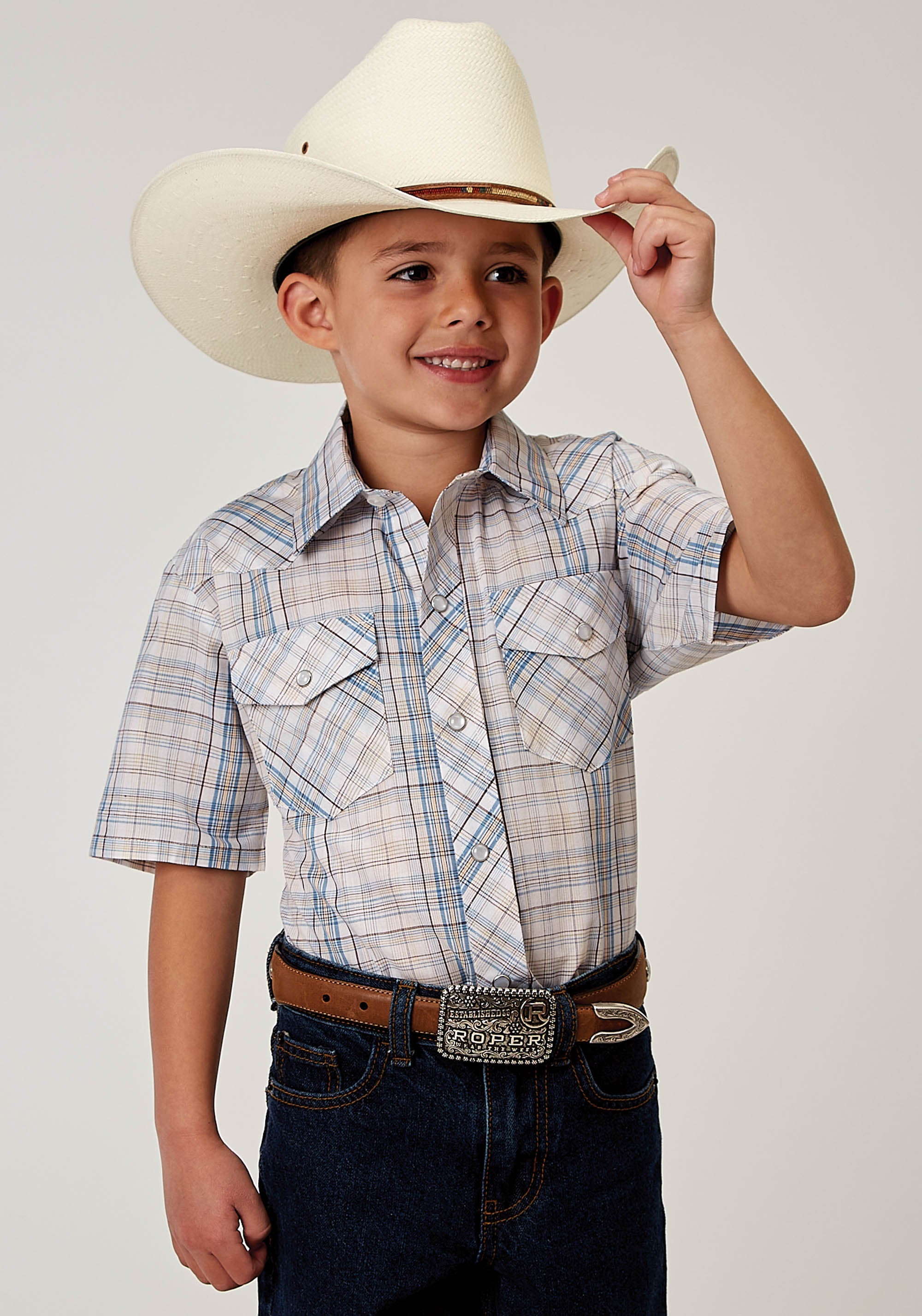 Roper Boys Short Sleeve Snap Multi Plaid Western Shirt