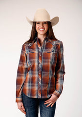 Roper Womens Long Sleeve Snap Brown Navy Cream Plaid Western Shirt With Piping And Embroidery On Yokes