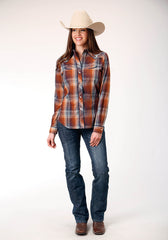 Roper Womens Long Sleeve Snap Brown Navy Cream Plaid Western Shirt With Piping And Embroidery On Yokes