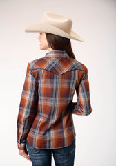 Roper Womens Long Sleeve Snap Brown Navy Cream Plaid Western Shirt With Piping And Embroidery On Yokes