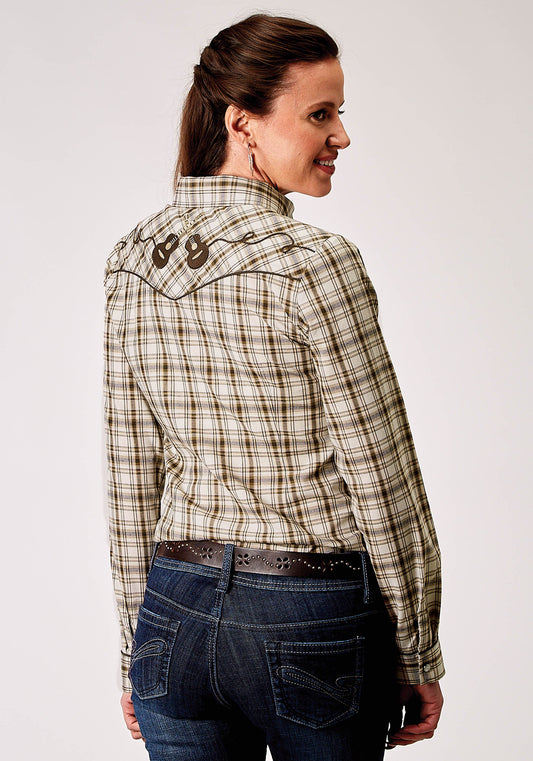 Roper Womens Long Sleeve Snap Desert Plaid Western Shirt With Embroidery On Back Yokes Smile Pockets