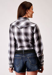 Roper Womens Long Sleeve Snap Black And White Plaid Western Shirt With Embroidery On Front Yokes Patch Pockets