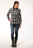 Roper Womens Long Sleeve Snap Black  Charcoal  And White Plaid Western Shirt