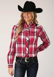 Roper Womens Long Sleeve Snap Red Black And White Plaid Western Shirt With Embroidery On Front Yokes Smile Pockets