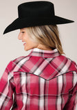 Roper Womens Long Sleeve Snap Red Black And White Plaid Western Shirt With Embroidery On Front Yokes Smile Pockets