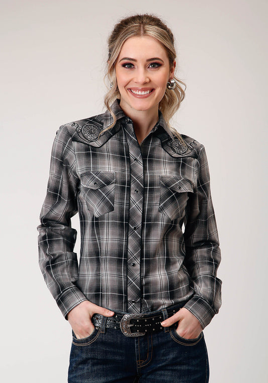 Roper Womens Long Sleeve Snap Black And Grey Plaid Western Shirt