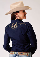 Roper Womens Long Sleeve Snap Solid Broadcloth Deep Navy Western Shirt With Embroidery On Back Yokes Smile Pockets