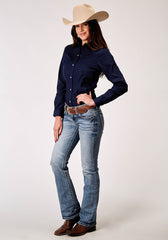 Roper Womens Long Sleeve Snap Solid Broadcloth Deep Navy Western Shirt With Embroidery On Back Yokes Smile Pockets